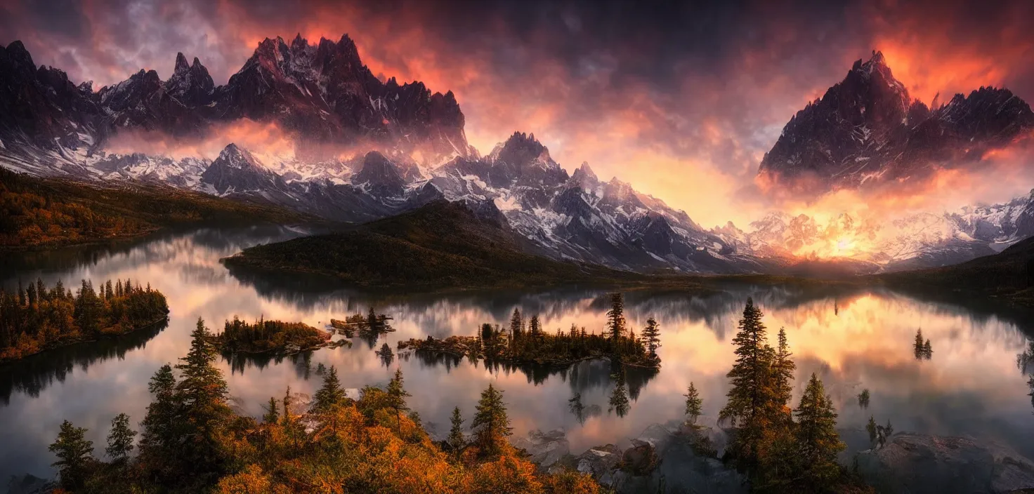 Image similar to amazing landscape photo of mountains with lake in sunset by marc adamus, beautiful dramatic lighting