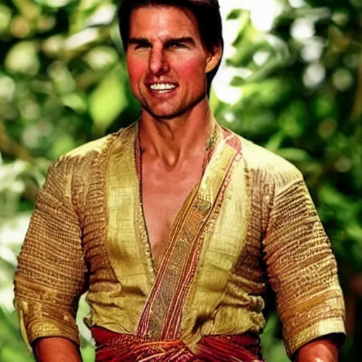 Image similar to tom cruise wearing traditional Bali dress, perfect faces, award winning photography