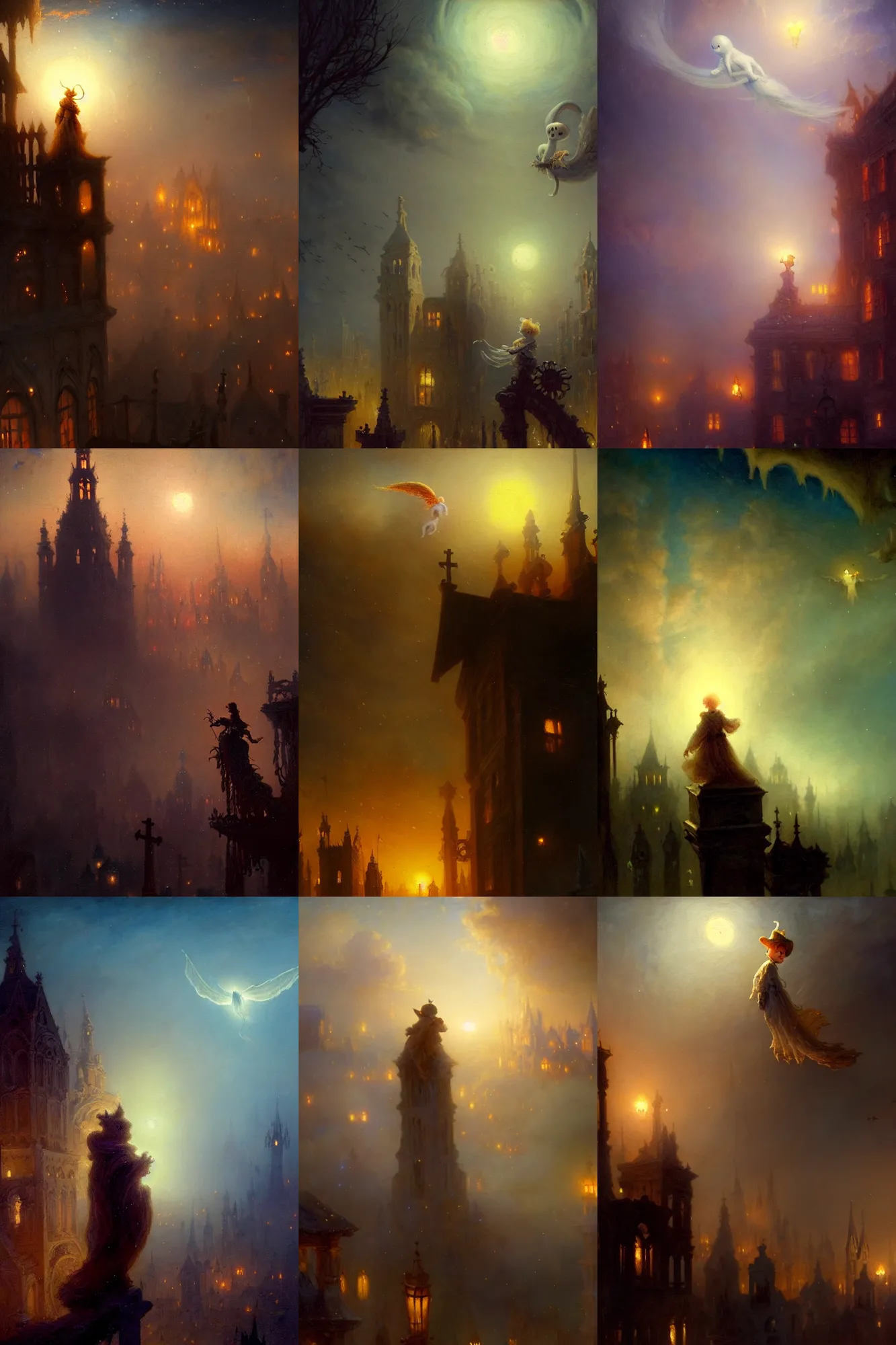 Prompt: close up of caspar the friendly ghost flying over a city, looking at the graveyard at midnight, painted by gaston bussiere, very detailed and cute and cozy and transparent, backlight, fog, mist, many glowing ghosts and a haunted house in the background, trending on artstation, award winning illustration