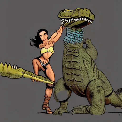 Prompt: warrior fighting a giant alligator, in the style of frank frazetta -4