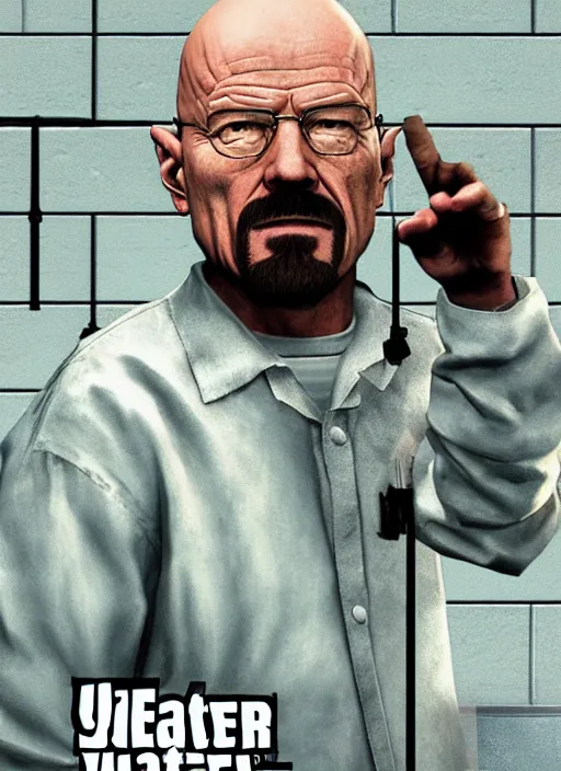 Image similar to walter white in a prison cell on game poster of gta 5