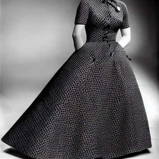 Image similar to Christian Dior dress, fitted on a model, beautiful, 1950s Dior catalogue, fashion photography, B&W, grainy, highly detailed