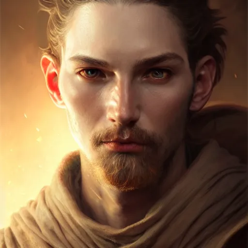 Image similar to portrait painting of a d & d male cleric, ultra realistic, concept art, intricate details, eerie, highly detailed, photorealistic, octane render, 8 k, unreal engine. art by artgerm and greg rutkowski and charlie bowater and magali villeneuve and alphonse mucha