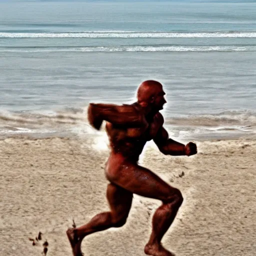 Image similar to spartan warrior sprinting on beach, epic action shot