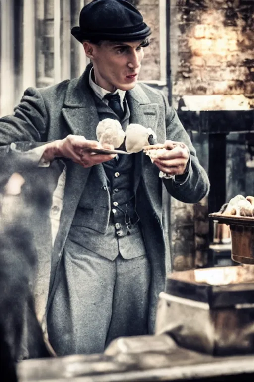 Image similar to thomas shelby selling ice cream