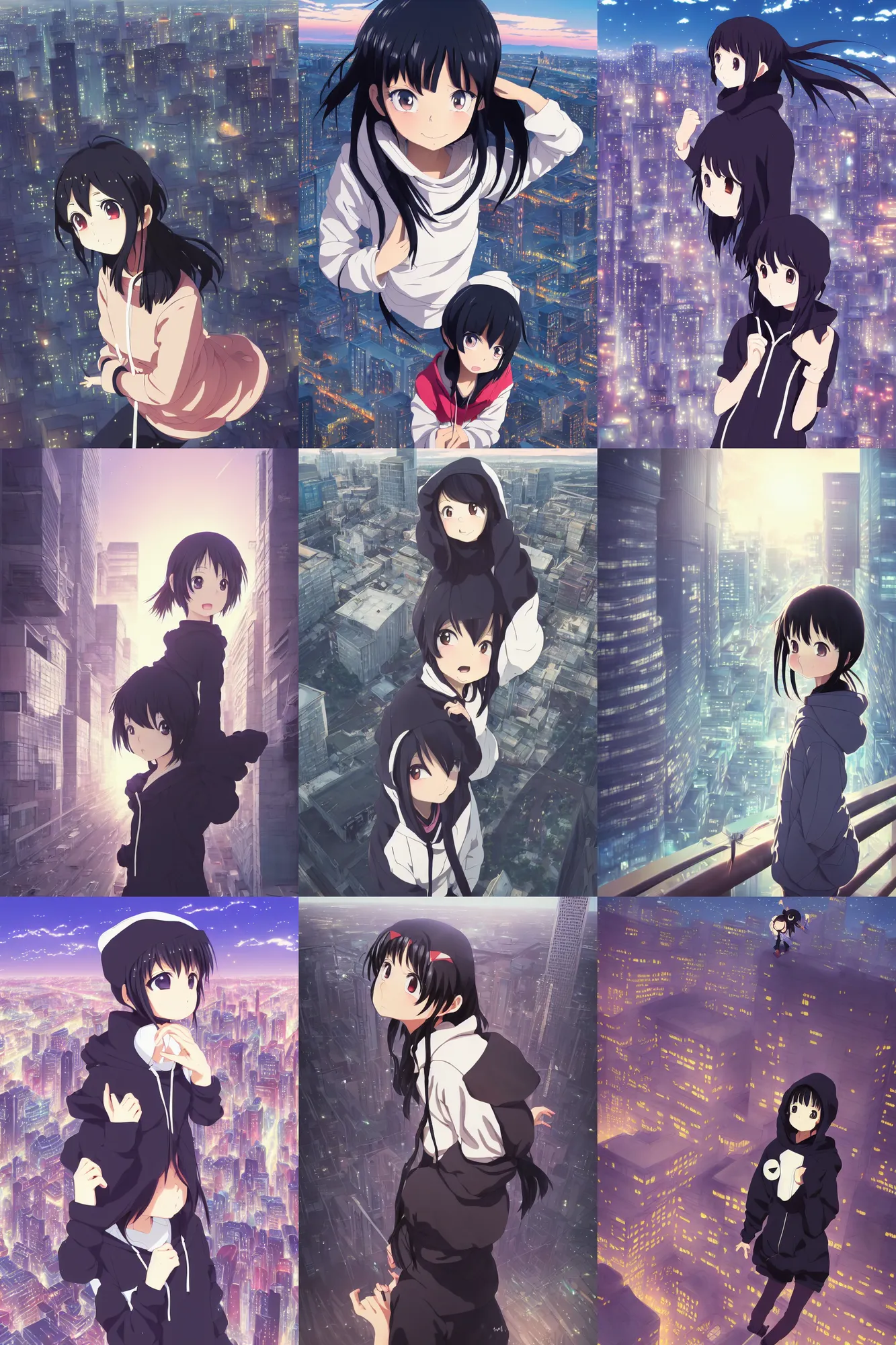 Image similar to anime visual, portrait of a young black haired girl wearing hoodie sightseeing above the urban city, guardrail, cute face by yoh yoshinari, katsura masakazu, dramatic lighting, dynamic pose, dynamic perspective, strong silhouette, ilya kuvshinov, anime cels, 1 8 mm lens, fstop of 8, rounded eyes, moody, detailed