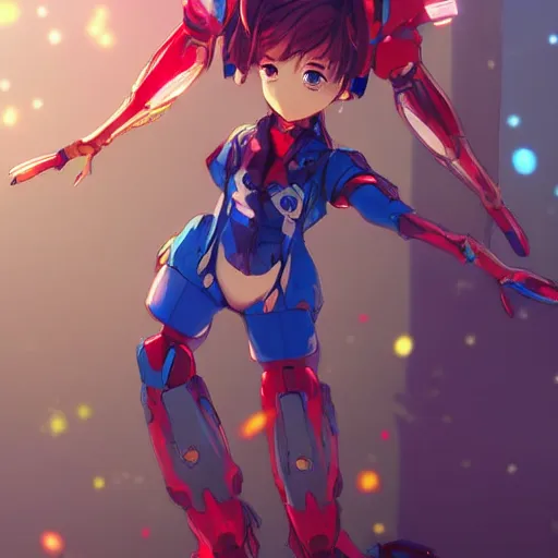 Image similar to digital anime art, wlop, rossdraws, sakimimichan, > > very small cute girl < < standing on a large table, red mech arms and red mech legs,