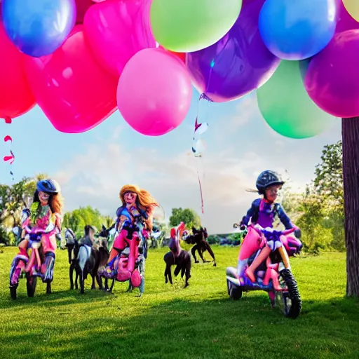 Image similar to children riding (my little pony) at a birthday party in the city park. balloons, cake, presents, craziness, havoc, 8K, 4K, digital art, 3D, cgsociety, realistic photograph