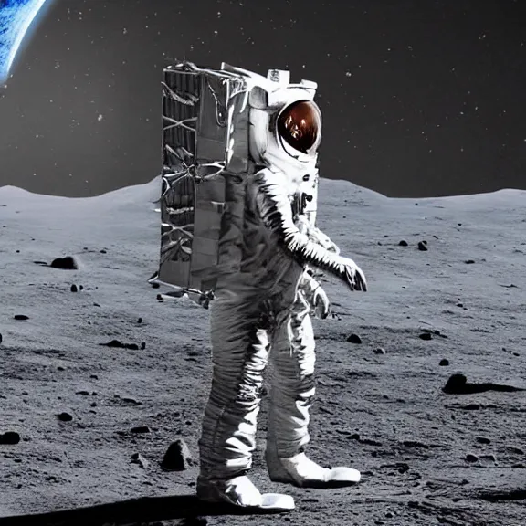 Image similar to dustin bates from starset band in sci fi uniform doing an epic cinematic pose on the moon, highly detailed, my demons video, masterpiece