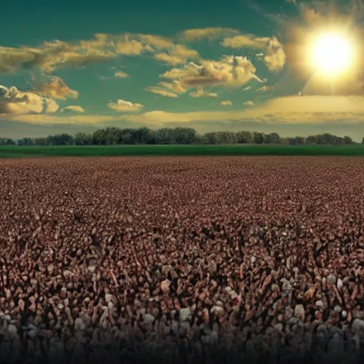 Prompt: donald trump as the sun looking over a field, millions of screaming karens. digital painting, high detail, 8 k, film still