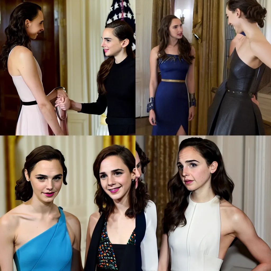 Prompt: gal gadot meets Emma Watson in the white house close-up