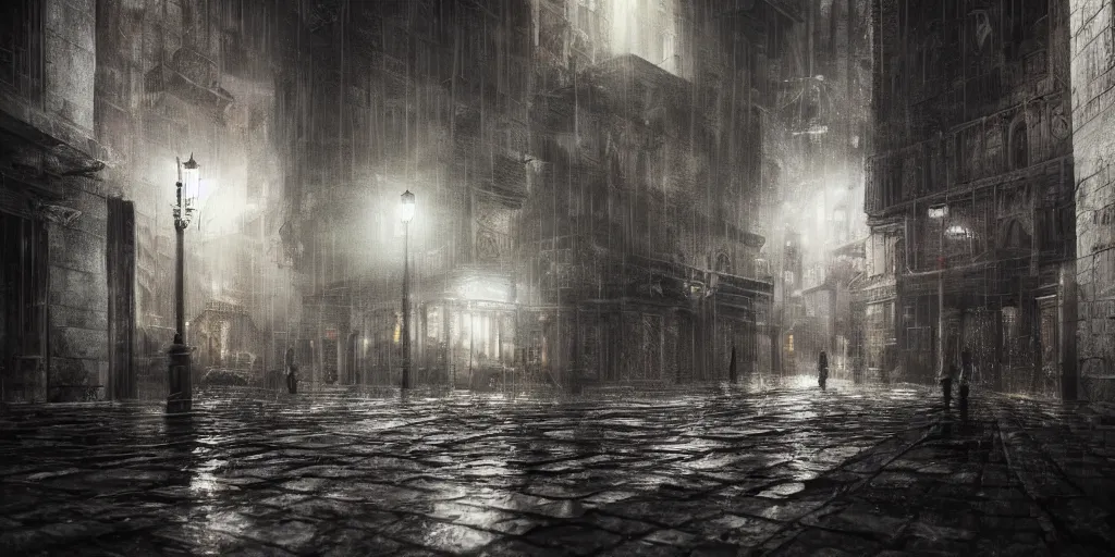 Image similar to a cold and melancholic city in a dark cavern, rainy and gloomy atmosphere, fantasy digital art, octane render, beautiful composition, trending on artstation, award - winning photograph, masterpiece