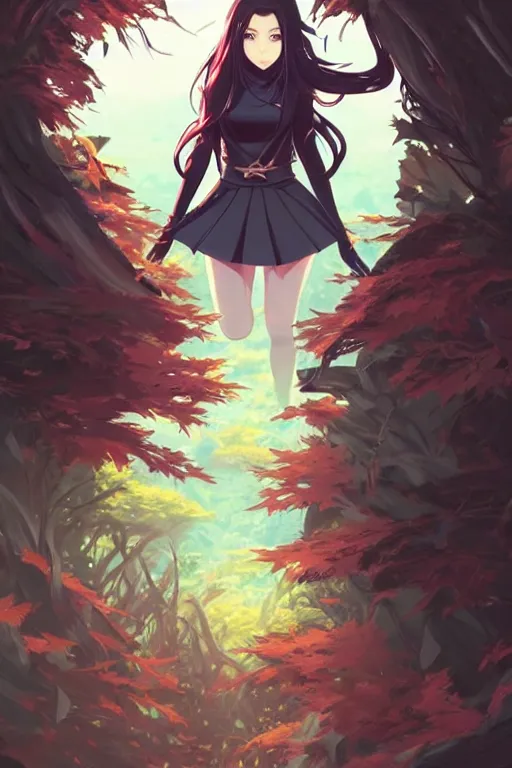 Prompt: a beautiful girl with long dark hair, wearing a ninja uniform, forest background, intricate, highly detailed, digital painting, artstation, official media, anime key visual, concept art, rich vivid colors, ambient lighting, sharp focus, illustration, art by Artgerm, Makoto Shinkai, Ilya Kuvshinov, Lois Van Baarle, and Rossdraws