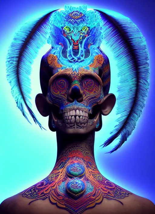 Image similar to 3 d shaman with tattoos profile portrait, sigma 5 0 0 mm f / 5. beautiful intricate highly detailed quetzalcoatl skull and feathers. bioluminescent, plasma, lava, ice, water, wind, creature, thunderstorm! artwork by tooth wu and wlop and beeple and greg rutkowski, 8 k trending on artstation,