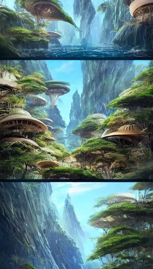 Image similar to beautiful portrait of bamboo living pods shaped like a sea shell built on the side of a cliff, the time machine, space craft by john berkey, panoramic view, ssci - fi, futuristic valley, rendered in octane, zbrush, rendered in cinema 4 d, art by artgerm, artwork by alex grey and brian froud and esao andrews and david hardy