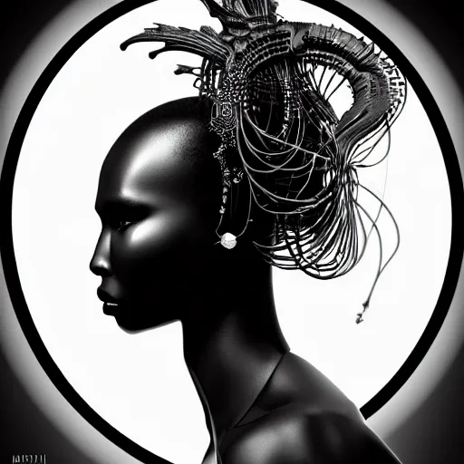 Image similar to portrait of an absurdly beautiful, graceful, sophisticated, fashionable black cyberpunk mechanoid gravure idol, ultrafine hyperdetailed illustration by irakli nadar, alek wek, matt wisniewski style, intricate linework, ebony skin, neon jellyfish headdress, ivory carved ruff, unreal engine 5 highly rendered, global illumination, radiant light, detailed and intricate environment