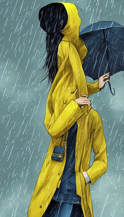 Image similar to girl in a yellow coat standing in the rain holding a small pocket watch, thick outlines, pale colors, digital art, hard edges, detailed, dynamic pose, character design, fisheye perspective, above angle, artwork by makoto shinkai, very coherent asymmetrical artwork, matte painting, sharp edges, perfect face, simple form