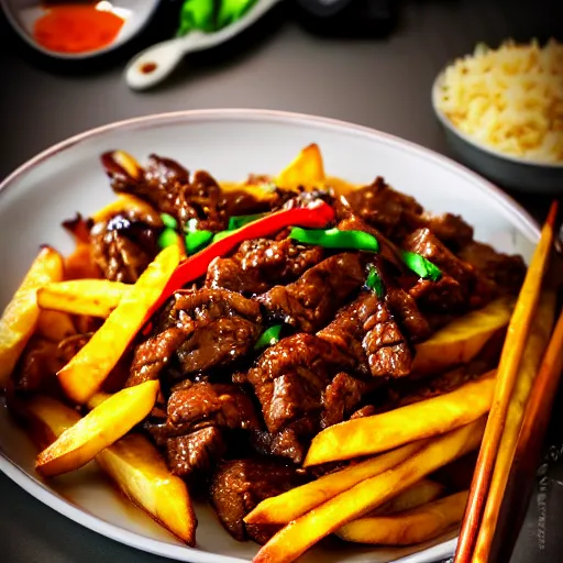 Image similar to dslr food photograph of stir fried beef in dark soy sauce, mixed with tomato wedges and french fries, served with white rice on the side, 8 5 mm f 1. 8