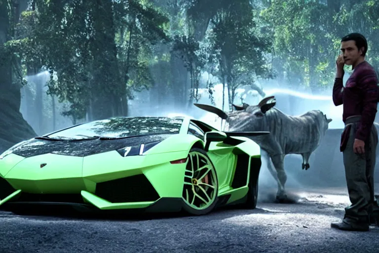 Image similar to A cinematic film still of a Lamborghini in the movie Avatar.