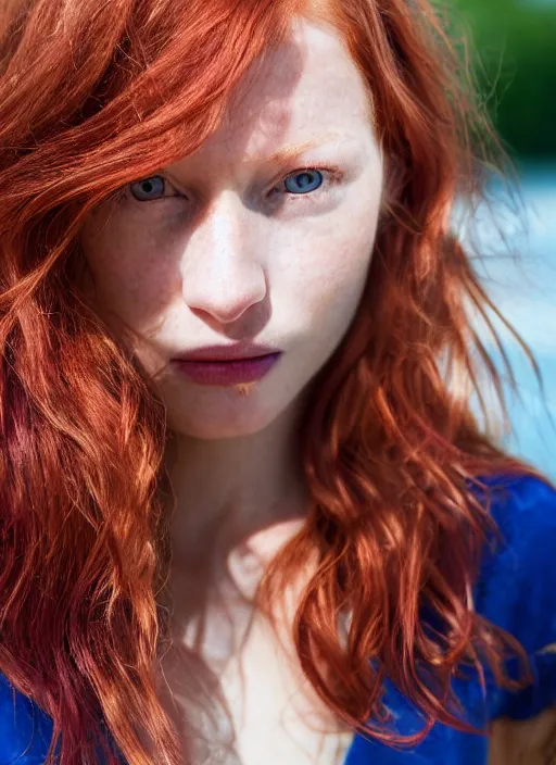 Prompt: close up portrait photograph of a thin young redhead woman with russian descent, sunbathed skin, with deep blue eyes. wavy long maroon colored hair. she looks directly at the camera. slightly open mouth, face takes up half of the photo. a park visible in the background. 5 5 mm nikon. intricate. detailed 8 k. cinematic postprocessing. award winning. luis royo.