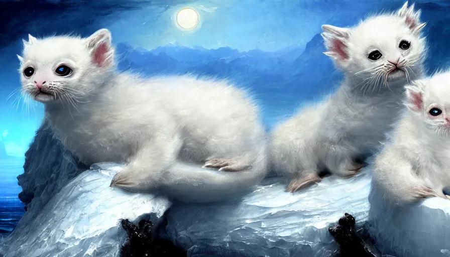 Image similar to highly detailed painting of white cute baby seal furry dragon kitten pandas on a blue and white iceberg by william turner, by greg rutkowski, by william constable, thick brush strokes and visible paint layers, 4 k resolution