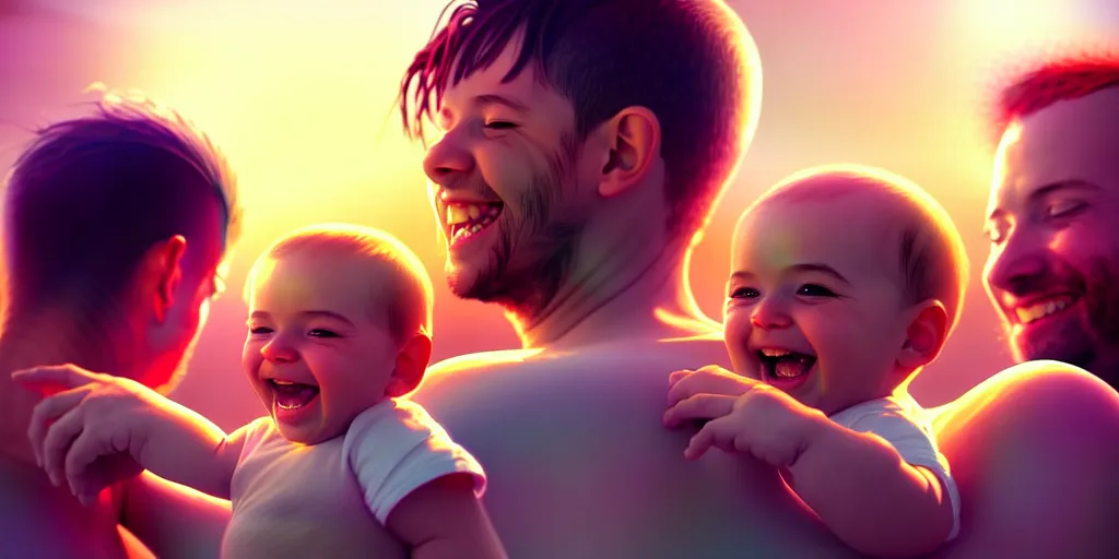 Image similar to epic professional digital art of a happy baby boy with his two fathers, best on artstation, cgsociety, wlop, cosmic, epic, stunning, gorgeous, much detail, much wow, masterpiece, backlight