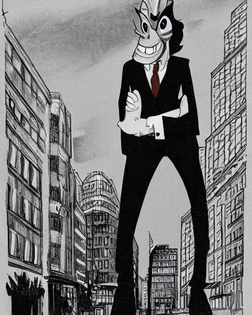 Image similar to smug male antagonist in suit, uptown city street, artwork by ralph bakshi