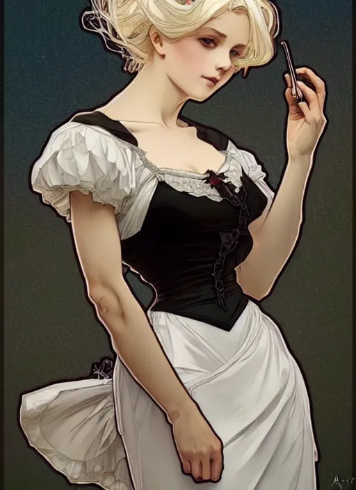 Image similar to digital art by artgerm, greg rutkowski, alphonse mucha. full body!! beautiful platinum blonde victorian maid. beautiful slender face, updo, big blue eyes, fine pointy chin, slender nose, high cheek bones. black maid dress with white apron. lace, embroidery, leather. hyper detailed, intricate, elegant, artstation, smooth, sharp focus