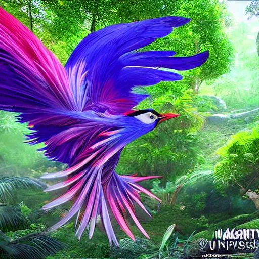 Prompt: fantasy forest, most colourful bird in philippine folklore, the magnificent, extremely beautiful ibong adarna with wings spread flying, long grand feathers, ultra - realistic, intricate details, 8 k, ultra - detailed, unreal engine five render