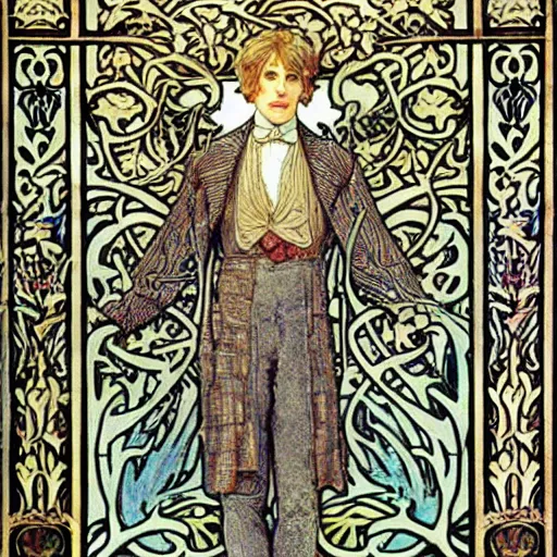 Image similar to dorian gray, master magician by william morris and mucha ( ornate intricate geometry )