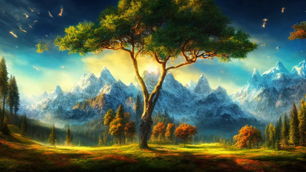 Prompt: a photorealistic portrait, stunningly beautiful colorful fantasy landscape, professionally retouched, soft lighting, hyper realistic, mountains, trees, beautifully detailed sky, wide angle, sharp focus, 8 k high definition, 6 4 megapixels, insanely detailed, stunningly beautiful