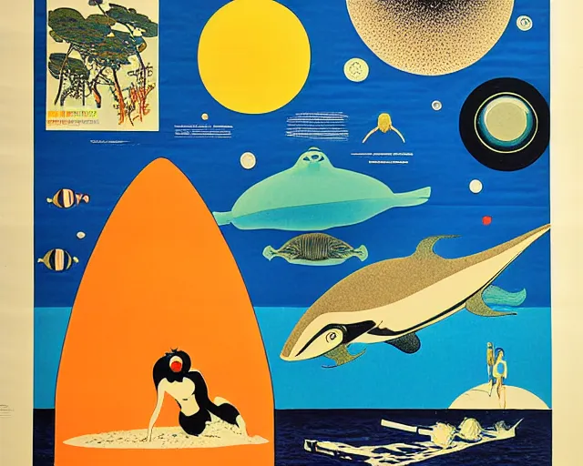 Prompt: 1976 science fiction poster, cut out collage, nouvelle vague, beach on the outer rim, kabuki theater, tropical sea creatures, aquatic plants, drawings in style of Ernst Haeckl, composition William S Boroughs, written by Ernst Jandl