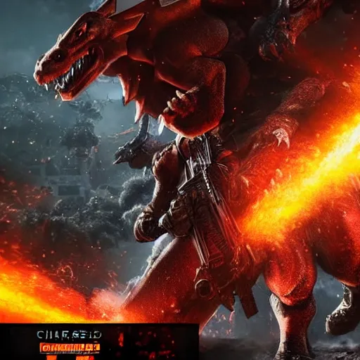 Image similar to Charizard in gears of war, splash art, movie still, detailed face, photorealistic facial features, cinematic lighting, dramatic, octane render, long lens, shallow depth of field, bokeh, anamorphic lens flare, 8k, hyper detailed, 35mm film grain