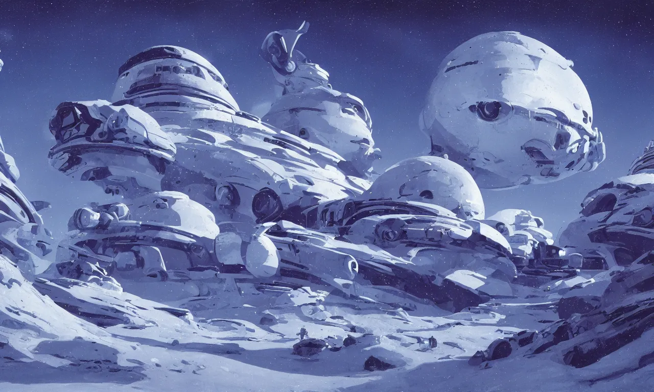 Image similar to snow alien landscape of an unexplored world, cinematic lighting, cinematic angle, Syd Mead, Federico Pelat, daylight, blue sky, spaceship in the sky