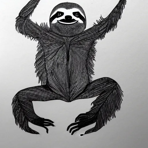 Image similar to sloth with eight arms, drawn with a black 0. 3 mm fineliner on a white paper