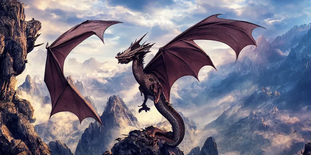 Prompt: One dragon with half open wings on the top of a mountain, epic composition, detailed and intricate image, cinematic, 4K