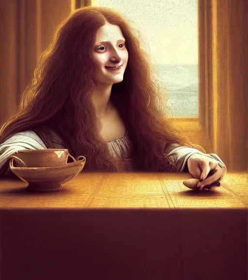 Prompt: portrait of a long - haired woman happily gloating sitting upon a table with heightened detail, poised, intense emotion, detailed facial expression, detailed surroundings, intricate, elegant, highly detailed, centered, digital painting, artstation, concept art, smooth, sharp focus, illustration, by ( leonardo da vinci ), wlop