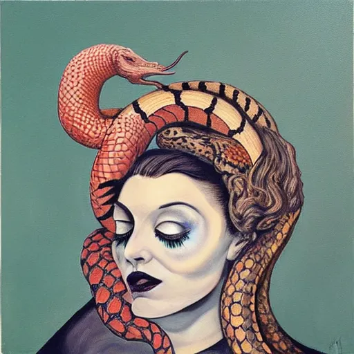 Prompt: a painting of a woman with a snake on her head, an album cover by richard mortensen, tumblr, transgressive art, grotesque, freakshow, strange