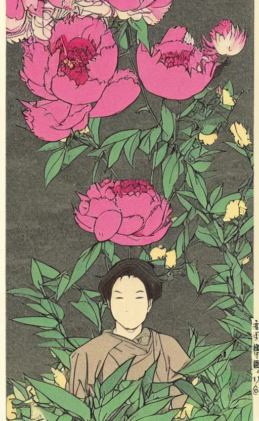 Prompt: by akio watanabe, manga art, portrait of a butterlfy and peony flowers on a hill, sun in the background, trading card front