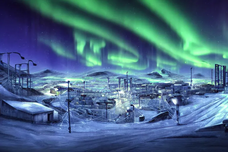 Image similar to favela winding cybernetic thrill ride, snowy arctic environment, industrial factory, bright, aurora borealis, award winning art, epic dreamlike fantasy landscape, ultra realistic,