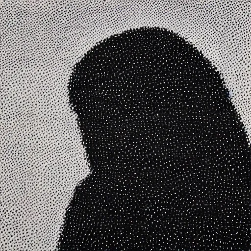 Prompt: The art installation shows a the large, black-clad figure of the king looming over a small, defenseless figure huddled at his feet. The king's face is hidden in shadow, but his menacing stance and the large, sharp claws on his hands make it clear that he is a dangerous and powerful creature. pointillism by Emma Geary, by Yves Tanguay subtle, fine