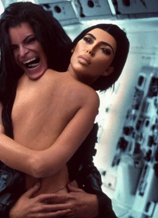 Prompt: film still of kim kardashian hugging an xenomorph in Alien.