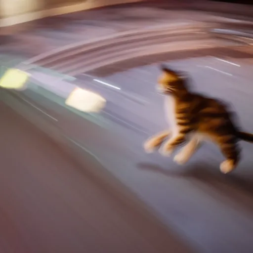 Prompt: photo of a fast blurry cat with motion blur, moving at the speed of light through outer space