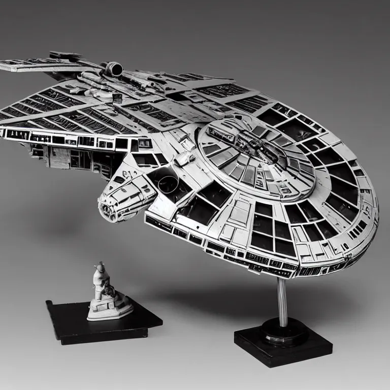 Prompt: model millenium falcon on a stand, 1 9 8 0 s, product shot, shiny, reflective, studio photo, side show collectibles, realistic