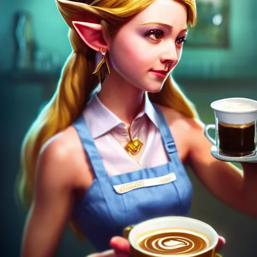 Image similar to Zelda as a cafe waitress pouring coffee into a customer's cup, amazing, beautiful, perfect eyes, full body shot, portrait, vivid colors, elegant, concept art, sharp focus, digital art, Hyper-realistic, 4K, Unreal Engine, Highly Detailed, HD, Dramatic Lighting by Brom, trending on Artstation