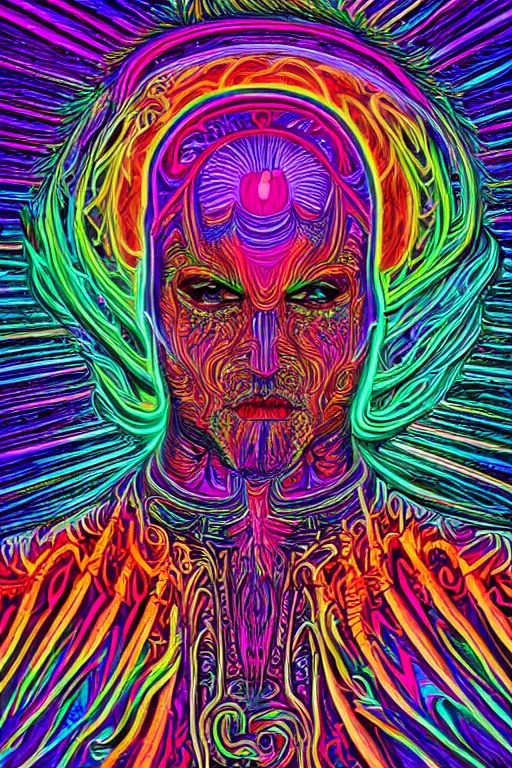 Prompt: a detailed digital neon illustration art of the man from burning man in the style of Alex Grey, lisa frank, psychedelic, fantasy, 8k, ornate, intricate, symmetry