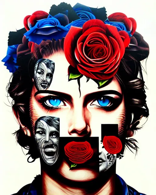 Image similar to split face of a man with pistol and roses in a deep sea with intricate details by Sandra Chevrier with half image