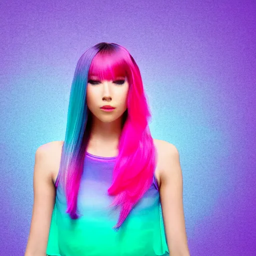 Image similar to a award winning full body shot of a beautiful woman in a croptop with a ombre purple pink teal hairstyle with head in motion and hair flying, outrun, vaporware, vivid colors, highly detailed, fine detail, intricate
