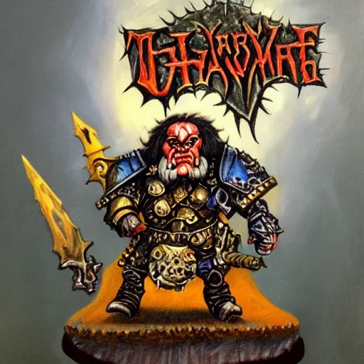 Image similar to chaos dwarf smith in the style of warhammer fantasy : : head and torso oil painting