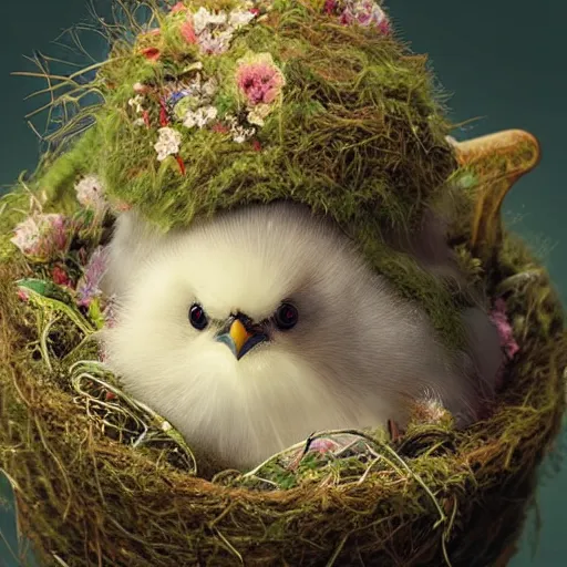 Prompt: long shot of a very fluffy sparrow chick nesting in a floral cup, esao andrews, by m. w. kaluta, by artgerm, humorous illustration, hyperrealistic, tilt shift, warm colors, night scenery, low light, 3 d octane render, 4 k, volumetric lights, smooth, cosy atmosphere, conceptart, hyperdetailed, trending on deviantart